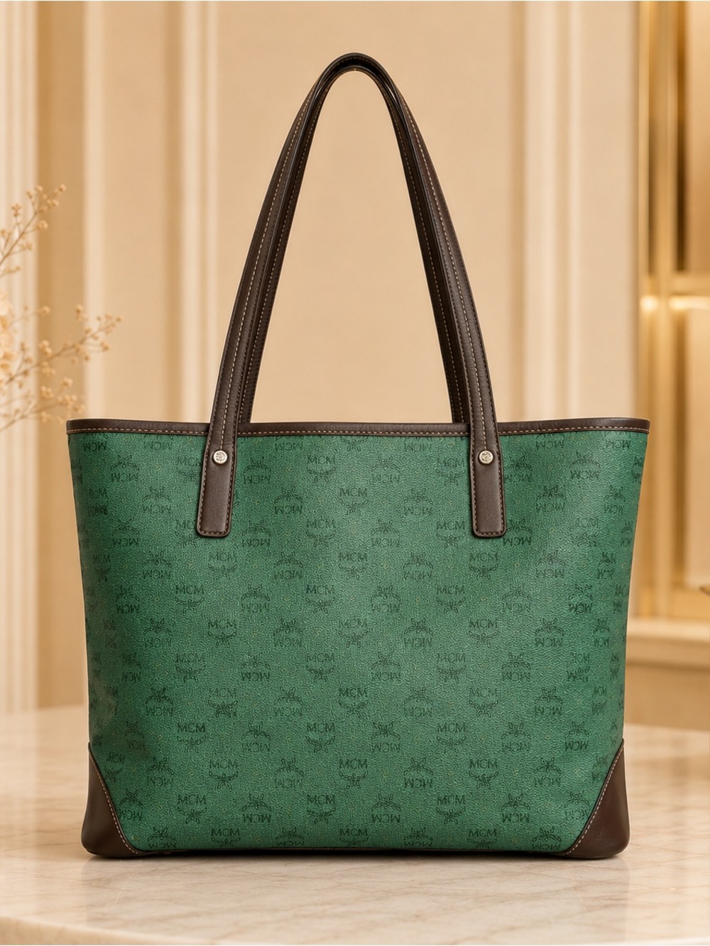 MCM Green Logo Canvas Tote with Brown Leather Handles - Picture 3 of 9